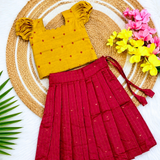 Sangavi Raw Silk Ethnic Set - Mustard Top with Warm Red Full Length Skirt for Baby Girls (Preorder Dispatch from 12-8-26)
