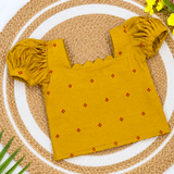 Sangavi Raw Silk Ethnic Set - Mustard Top with Warm Red Full Length Skirt for Baby Girls (Preorder Dispatch from 12-8-26)