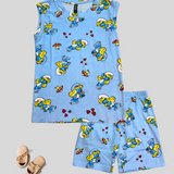 Smurf Cartoon Kids Sleeveless T-Shirt Shorts Set (Unisex)