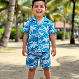 Tropical Blue Seashore Boys Printed Half Sleeve Shirt with Shorts | Cuban Collar Shirt & Shorts Set