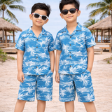 Tropical Blue Seashore Boys Printed Half Sleeve Shirt with Shorts | Cuban Collar Shirt & Shorts Set