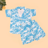 Tropical Blue Seashore Boys Printed Half Sleeve Shirt with Shorts | Cuban Collar Shirt & Shorts Set