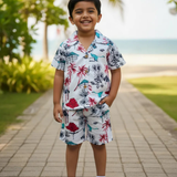 Tropical Hut Tree Boys Printed Half Sleeve Shirt with Shorts | Cuban Collar Shirt & Short Set
