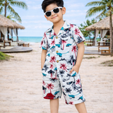 Tropical Hut Tree Boys Printed Half Sleeve Shirt with Shorts | Cuban Collar Shirt & Short Set