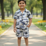 Tropical Sunset Seashore Boys Printed Half Sleeve Shirt with Shorts | Cuban Collar Shirt & Shorts Set