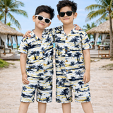Tropical Sunset Seashore Boys Printed Half Sleeve Shirt with Shorts | Cuban Collar Shirt & Shorts Set