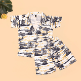Tropical Sunset Seashore Boys Printed Half Sleeve Shirt with Shorts | Cuban Collar Shirt & Shorts Set