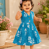 Twill Leafy Floral Collared Sleeveless Cotton Frock