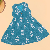 Twill Leafy Floral Collared Sleeveless Cotton Frock