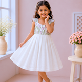 White Lavender Tulips Embroidery - Malai Chanderi Frock