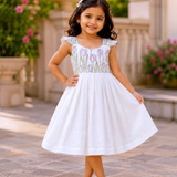 White Lavender Tulips Embroidery - Malai Chanderi Frock