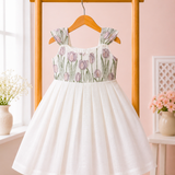 White Lavender Tulips Embroidery - Malai Chanderi Frock ( Preorder - Dispatch from 3-6-26)