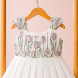 White Lavender Tulips Embroidery - Malai Chanderi Frock ( Preorder - Dispatch from 3-6-26)