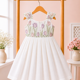 White Lavender Tulips Embroidery - Malai Chanderi Frock ( Preorder - Dispatch from 3-6-26)