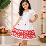 White Red Embroidery Jamdani Frock