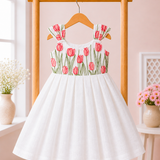 White Red Tulips Embroidery - Malai Chanderi Frock (Preorder - Dispatch from 3-6-26)