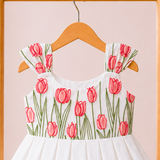 White Red Tulips Embroidery - Malai Chanderi Frock (Preorder - Dispatch from 3-6-26)