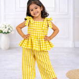 Yellow Checks Sleeveless Co-ord Set - Sleeveless top with shoulder knot
