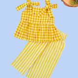 Yellow Checks Sleeveless Co-ord Set - Sleeveless top with shoulder knot