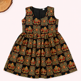 Kalamkari Black Elephant Print Cotton Frock | Sleeves Frock Calf Length