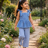 Blue Checks Peplum Sleeveless Co-ord Set - Sleeveless top with shoulder knot