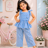 Blue Checks Peplum Sleeveless Co-ord Set - Sleeveless top with shoulder knot