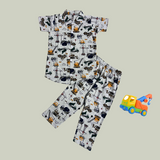 Crane Print Kids collar Coord Set - Half Sleeve Shirt and Full Pant