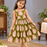 Kalamkari Olive Buddha Print Cotton Frock | Sleeveless Frock with Back Zip