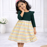 Full Sleeves Girls Frock - Green & Lines Print | Knee Length