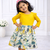Full Sleeves Girls Frock - Yellow & Dino Print | Knee Length