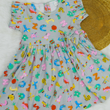 Grey Alpha cub - Frill Cotton Frocks with bow