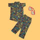 Cute Heart Print Kids collar Coord Set - Half Sleeve Shirt and Full Pant