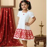 White Red Embroidery Jamdani Frock