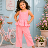 Peach Peplum Sleeveless Co-ord Set - Sleeveless Double Tier Peplum Top with Pant