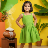 Thyme Green HandLoom Cotton Frock l Sleeveless Frock with Soft Lining