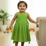 Thyme Green HandLoom Cotton Frock l Sleeveless Frock with Soft Lining